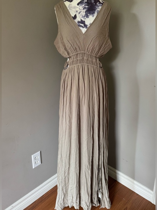 Lily Morgan Dresses & Skirts - Lilly Morgan Taupe/Beige V-Neck Smocked Maxi Dress With Cut Outs